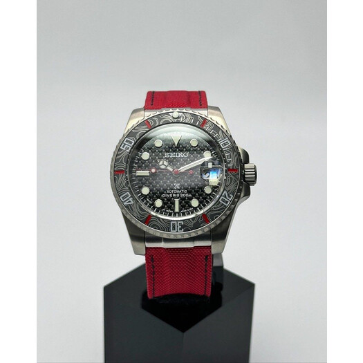 Custom Seiko Mod • Black Red Carbon Titanium Submariner on Velcro • 40mm